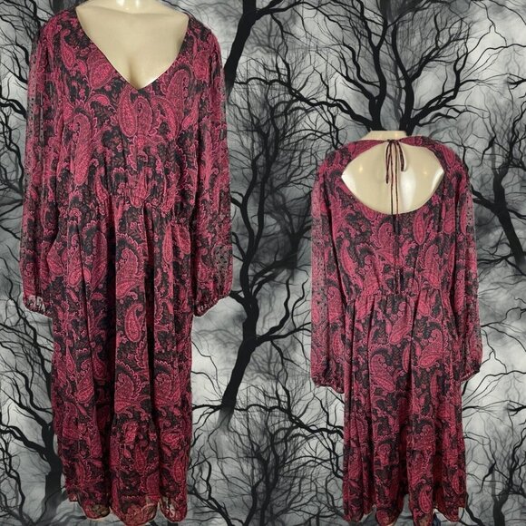 Torrid Plus 6 Paisley Chiffon Lined Tie Open Back Sheer Long Sleeve Midi Dress - Picture 1 of 6
